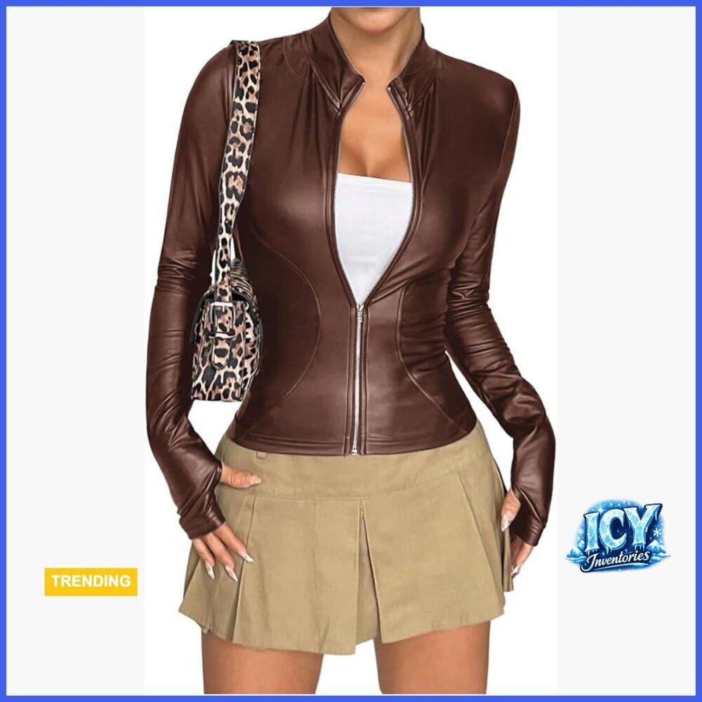 Faux Leather Jacket with Thin Fleece Lining Mock Neck Zip Up Winter Coat